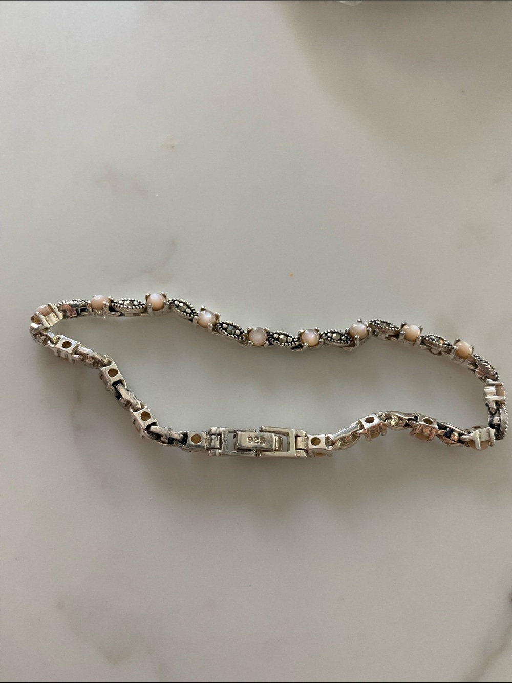 Sterling Silver and Marcasite and Mother of Pearl Tennis Bracelet